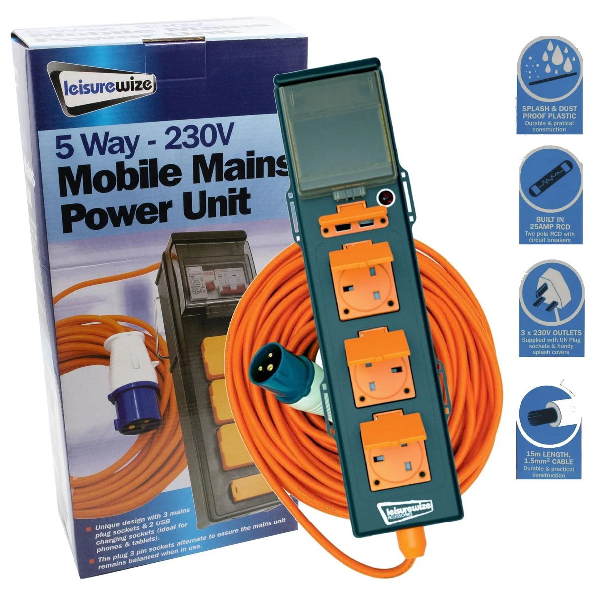 Caravan Camping 5 Way Mobile Mains USB Power Hookup Extension Lead RCD Unit C429