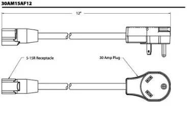 Dogbone Adapter 12" 30A M - 15A F