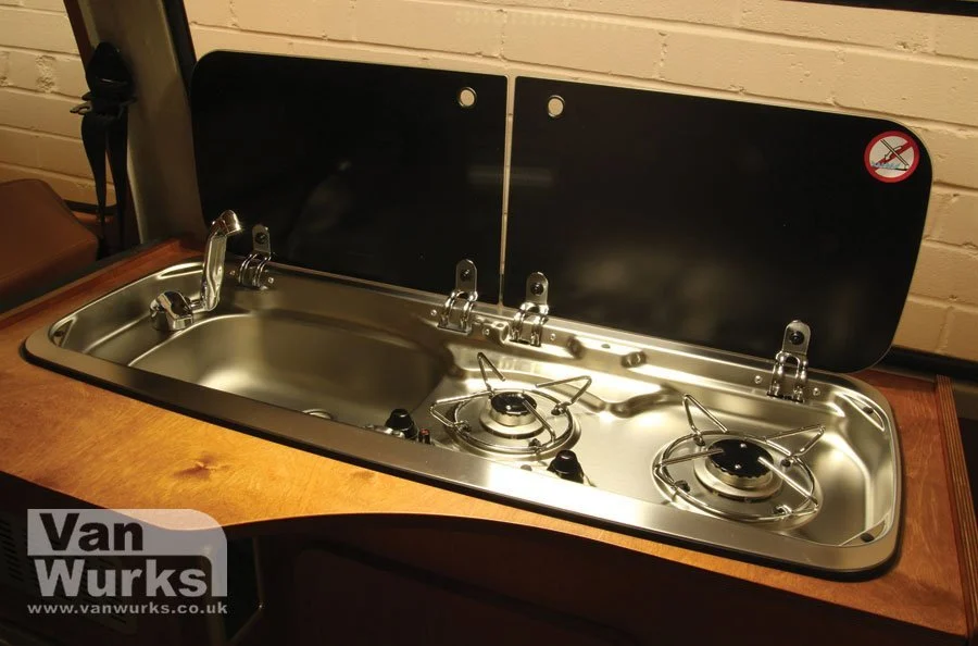 Dometic 9222D, 2x Burner Hob and Sink, Split Glass Lid, Sink on Left