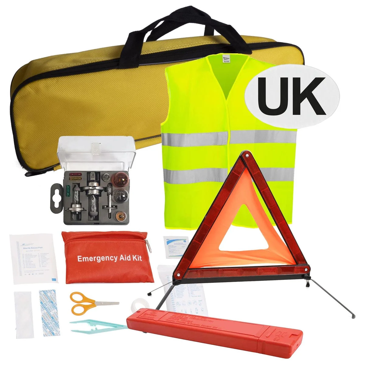 European Breakdown Emergency Travel Kit Triangle Vest Bulb Kit UK Sticker