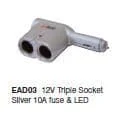 TRIPLE AUTO LIGHTER SOCKET ADAPTOR SILVER 12V 10A