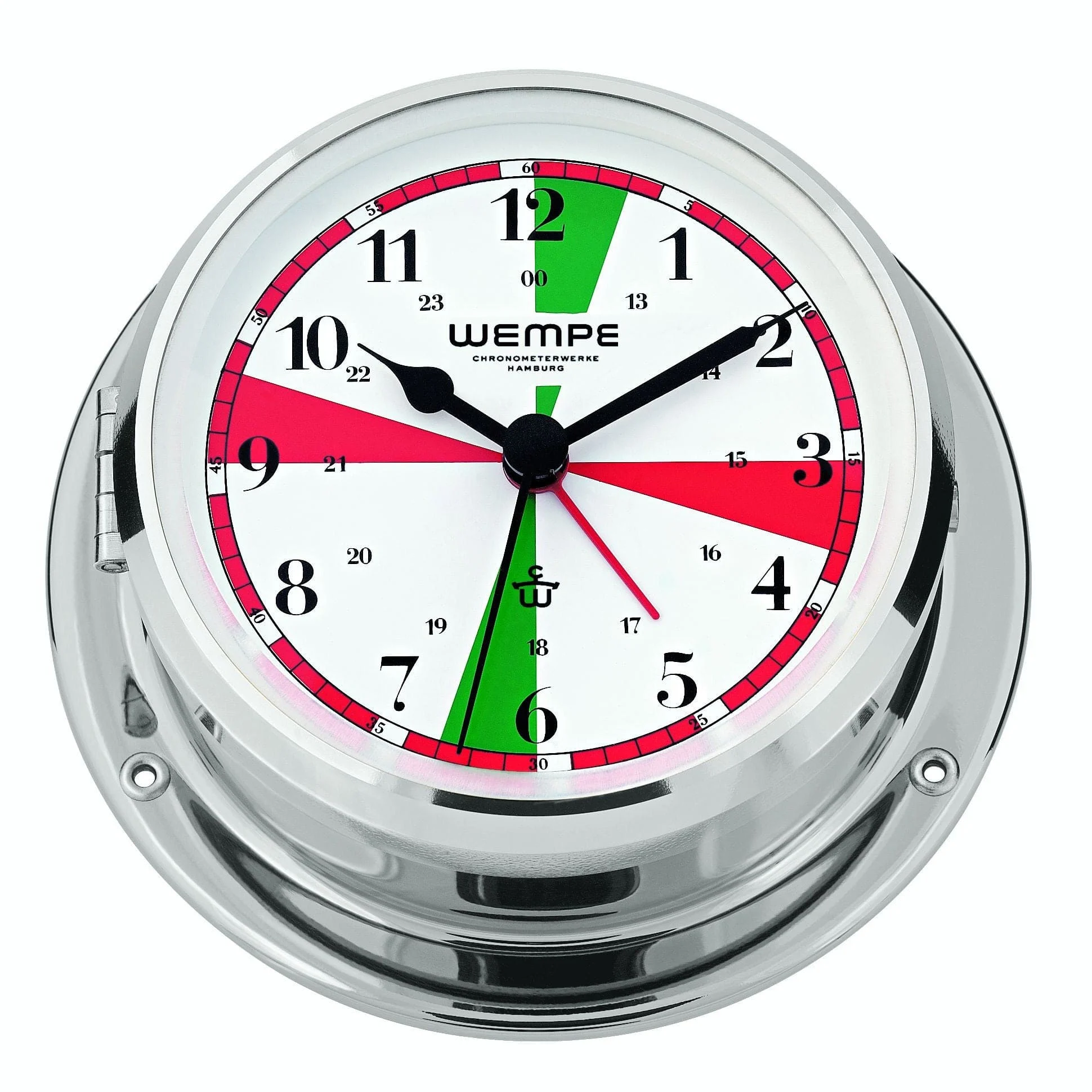 Wempe CW090001 Skiff Brass Chrome Plated Radioroom Clock/Alarm With Silent Sectors Quartz 110 X 42mm White/Black Arab.