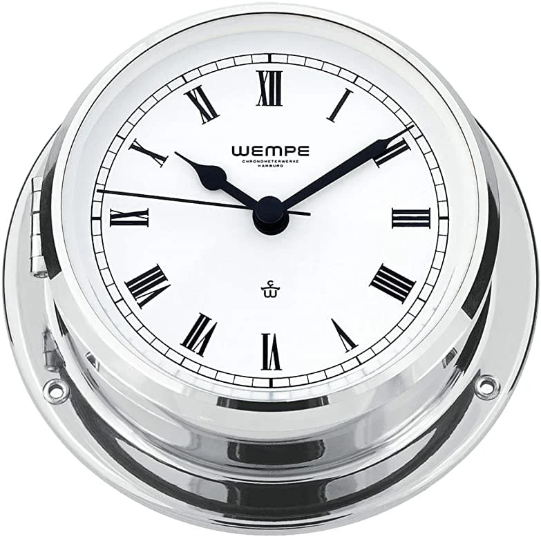Wempe CW090002 Skiff Brass Chrome Plated Yacht Clock Quartz 110 X 80mm White/Black Roman