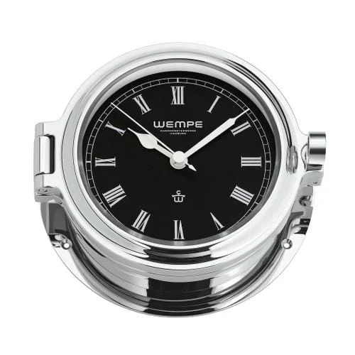 Wempe CW170004 Globaltec Brass Regatta Chrome Quartz Porthole Clock 140 x 47mm Black/White, Roman